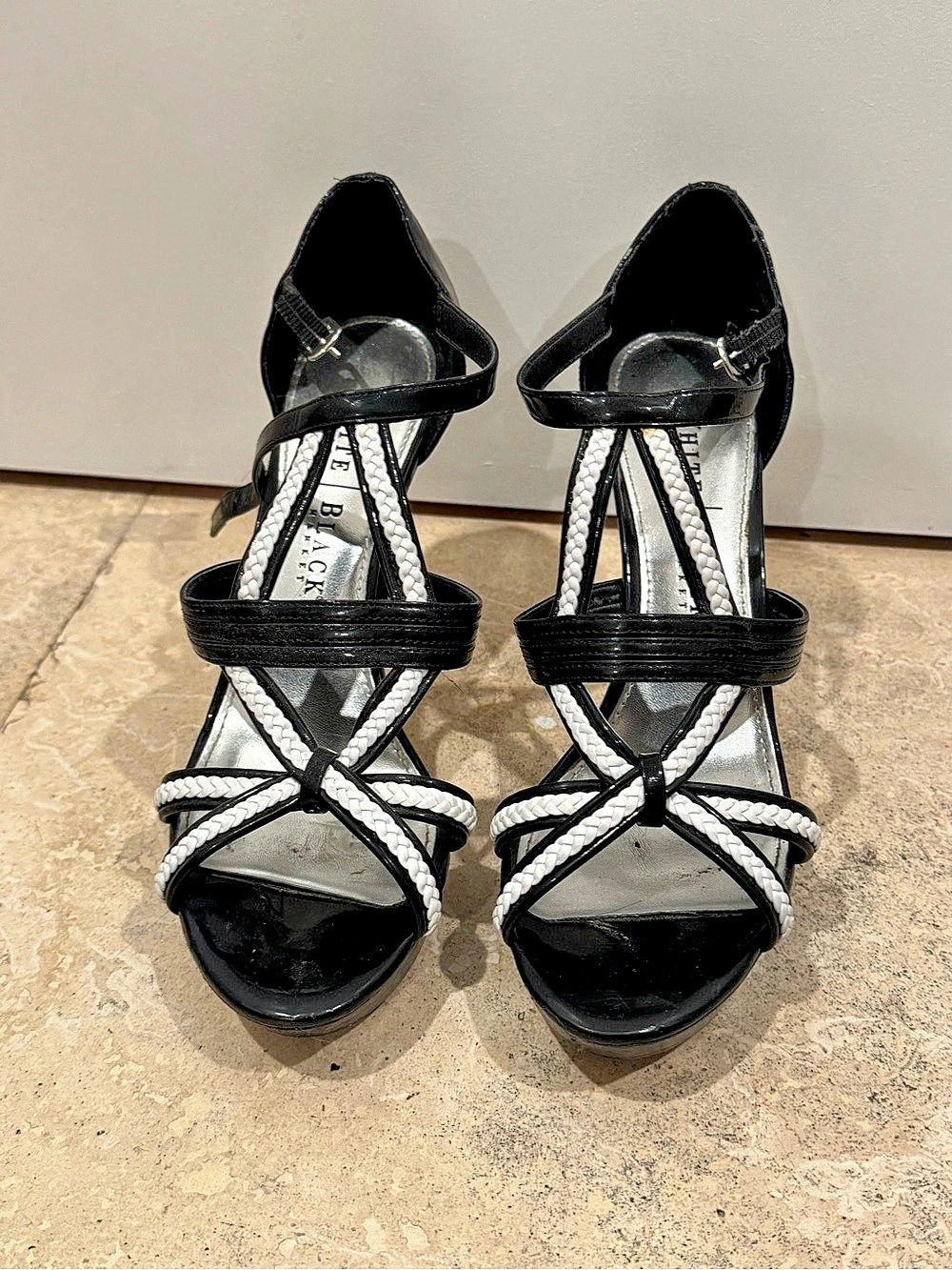 White House Black Market Strappy Color Block Heels in Black & White US 8M